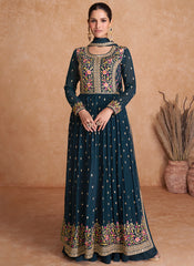 Turquoise Sequence Embroidery High Slit Palazzo Suit
