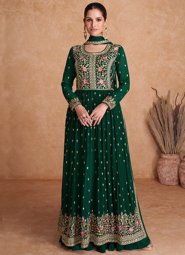 Dark Green Sequence Embroidery High Slit Palazzo Suit