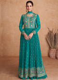 Teal Blue Sequence Embroidery High Slit Palazzo Suit