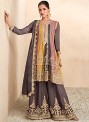 Deep Mauve Sequence Embroidery Anarkali Gharara Suit