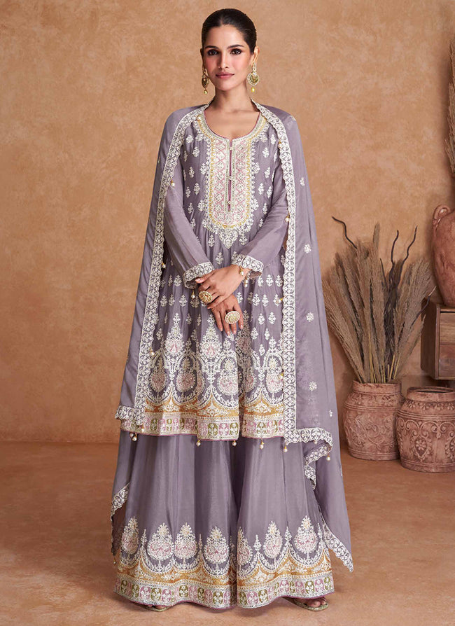 Lavender Multi Embroidery Wedding Gharara Style Suit