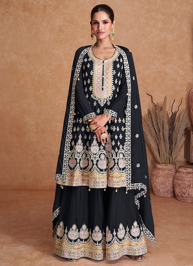 Black Multi Embroidery Wedding Gharara Style Suit