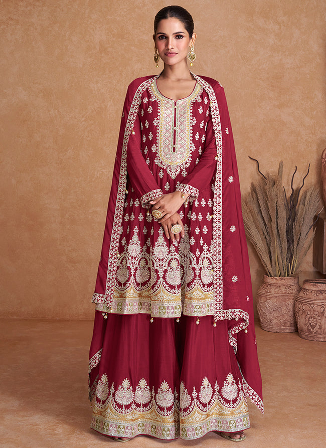 Bridal Red Multi Embroidery Wedding Gharara Style Suit