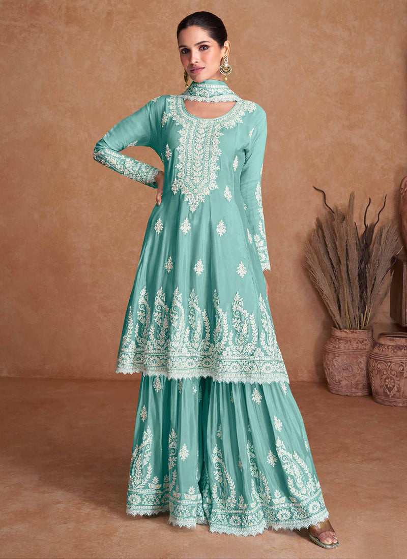 Teal Blue Thread Work Embroidery Gharara Style Suit In USA UK