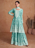 Teal Blue Thread Work Embroidery Gharara Style Suit In USA UK
