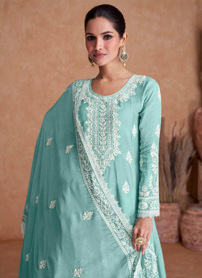 Teal Blue Thread Work Embroidery Gharara Style Suit In USA CANADA