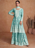 Teal Blue Thread Work Embroidery Wedding Gharara Style Suit