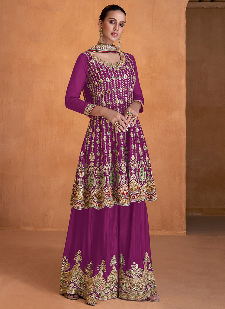 Purple Multi Designer Embroidery Wedding Gharara Suit