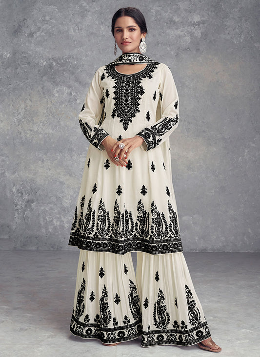 Off White Thread Embroidery Wedding Anarkali Gharara Suit