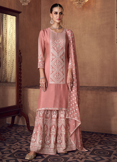 Soft Pink Thread Embroidery Palazzo Suit