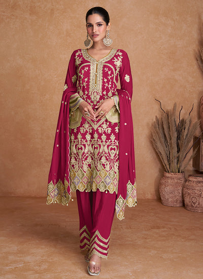 Magenta Multi Embroidery Traditional Pant Style Suit
