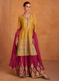 Yellow And Pink Multi Embroidery Sharara Suit