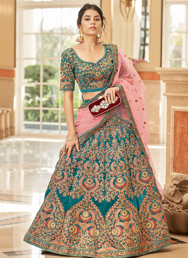 Turquoise Embroidery Wedding Lehenga Choli In USA