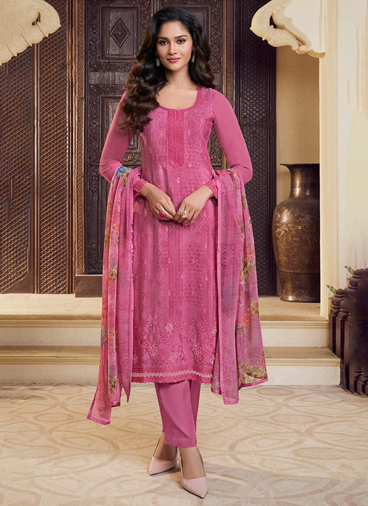 Rose Pink Embroidered Pakistani Pant Suit