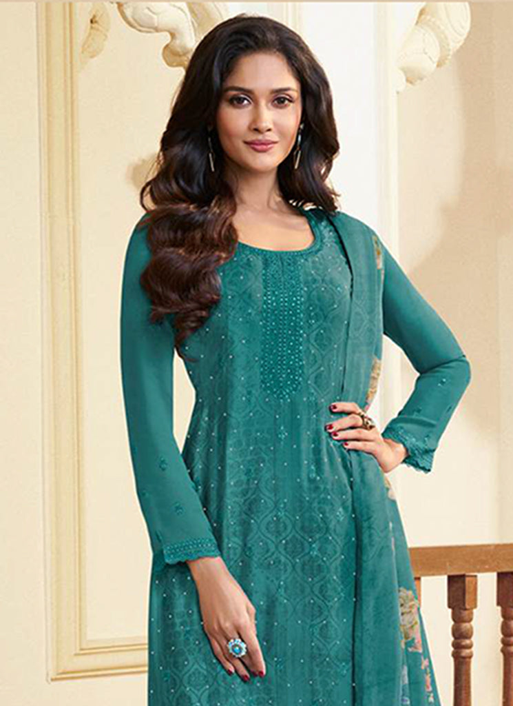 Teal Green Embroidered Pakistani Pant Suit