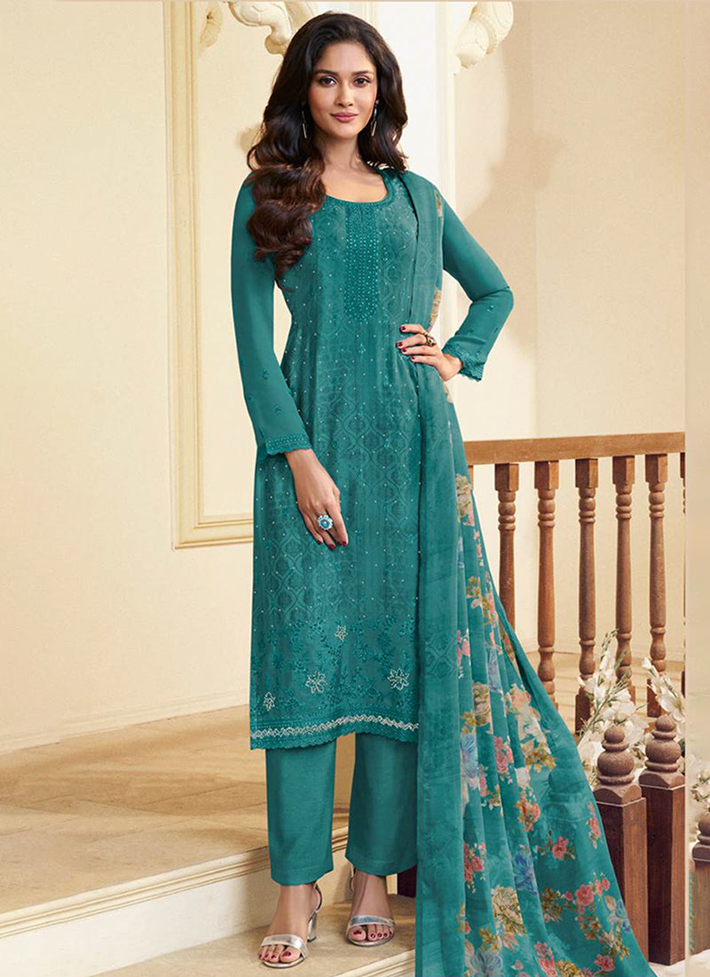Teal Green Embroidered Pakistani Pant Suit