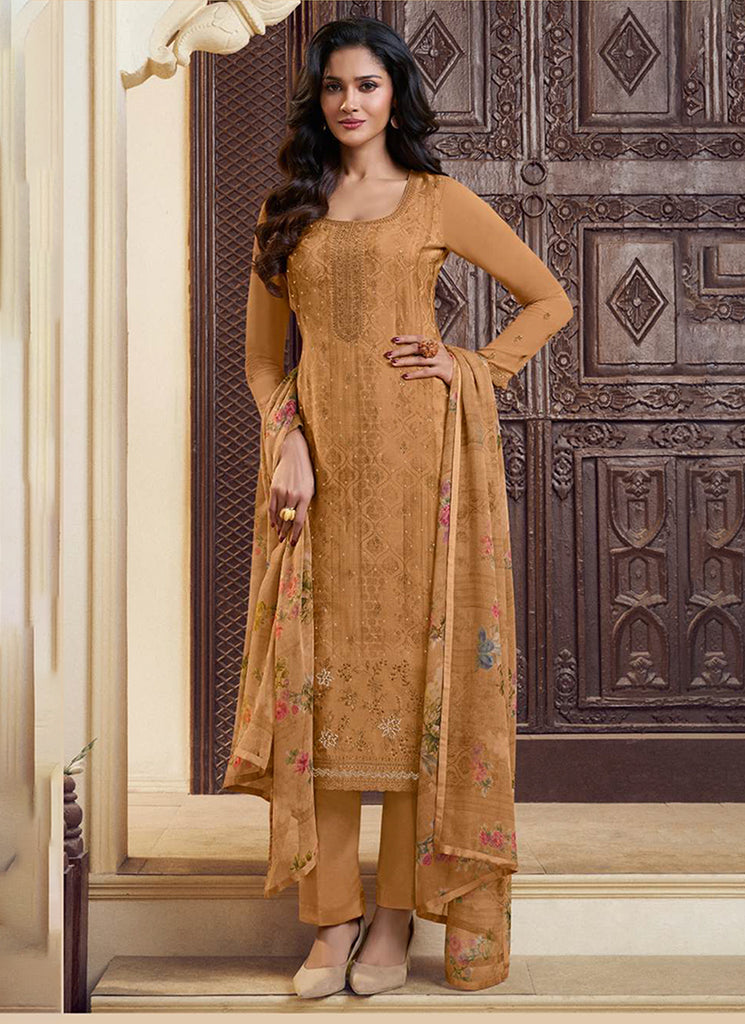 Mustard Gold Embroidered Pakistani Pant Suit