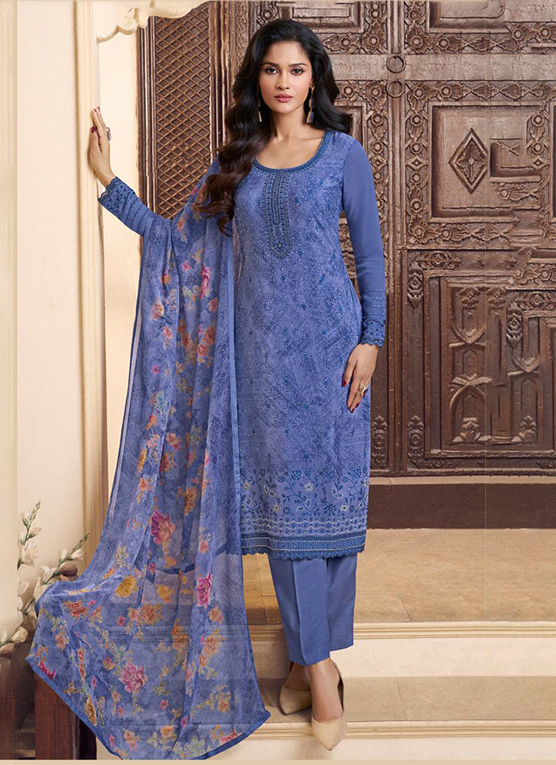 Blue Embroidered Pakistani Pant Suit
