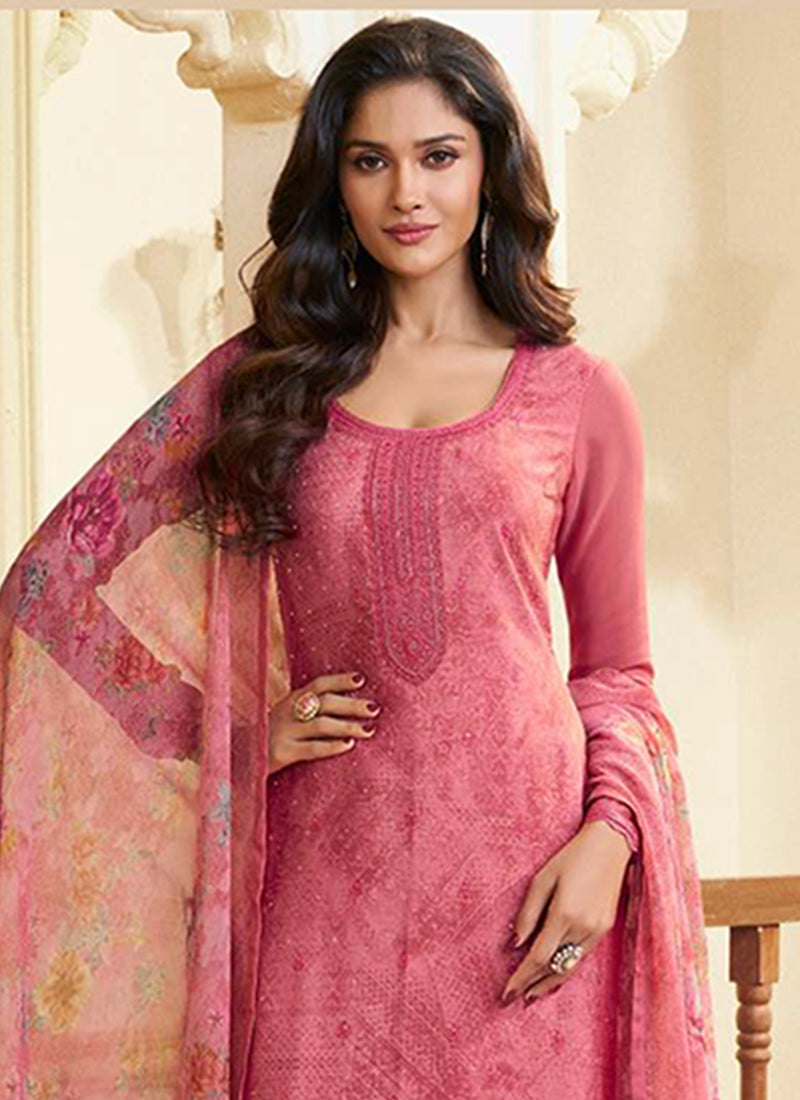 Coral Peach Embroidered Pakistani Pant Suit