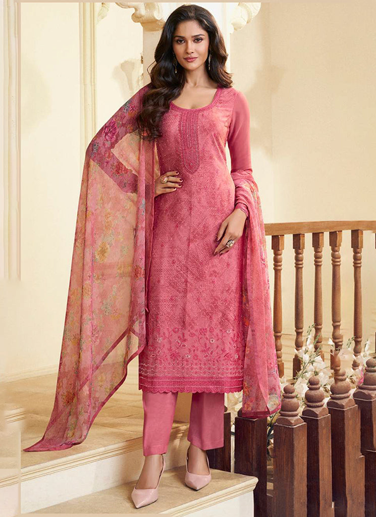 Coral Peach Embroidered Pakistani Pant Suit