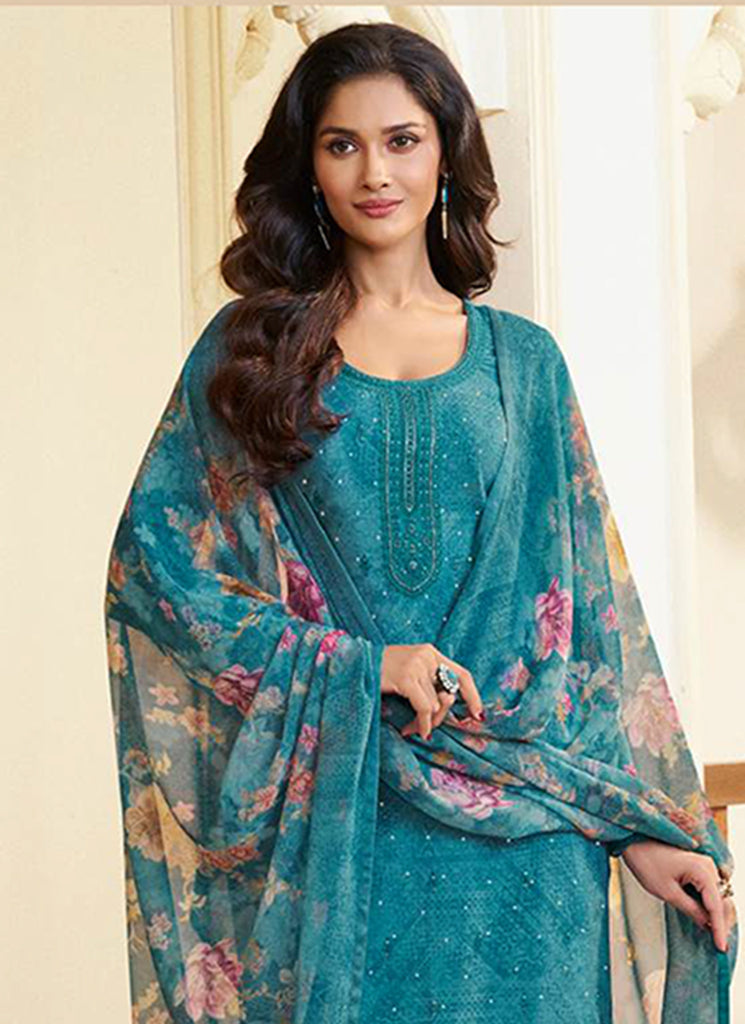 Teal Blue Embroidered Pakistani Pant Suit