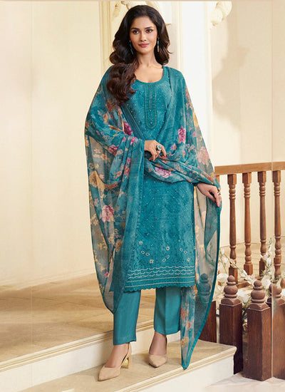 Teal Blue Embroidered Pakistani Pant Suit