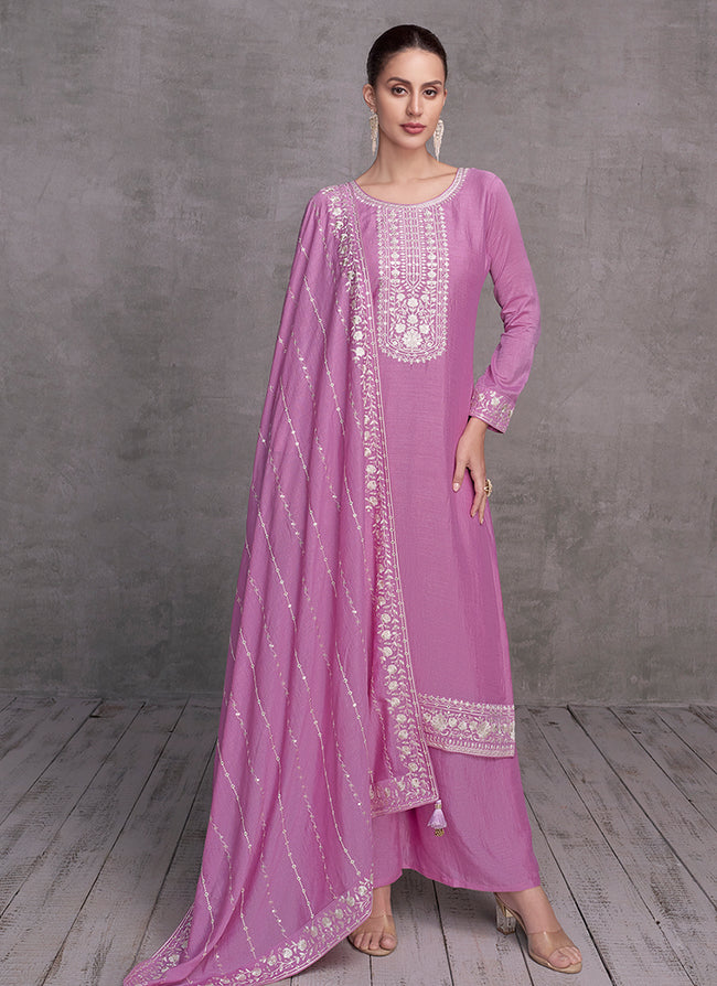Purple Sequence Embroidery Wedding Palazzo Suit