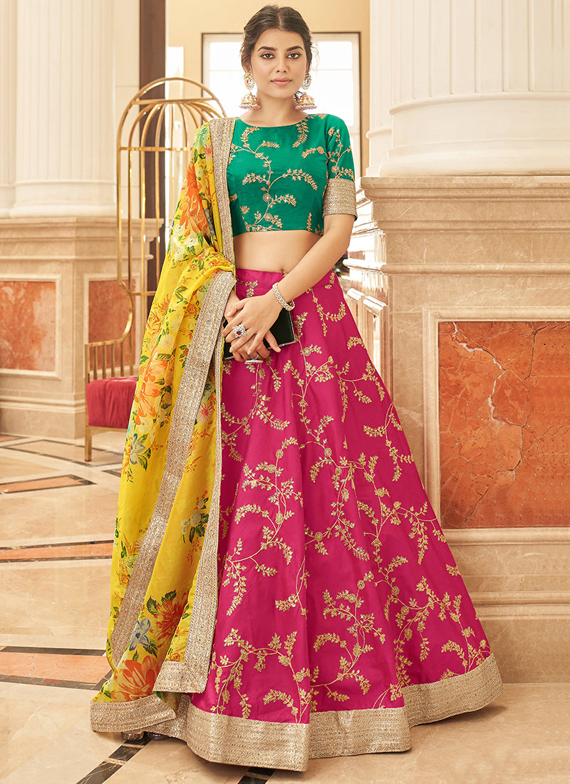 Golden Yellow and Bottle Green Satin Lehenga Choli with Net Dupatta  https://www.sareessalwar... | Party wear lehenga, Designer lehenga choli,  Lehenga designs