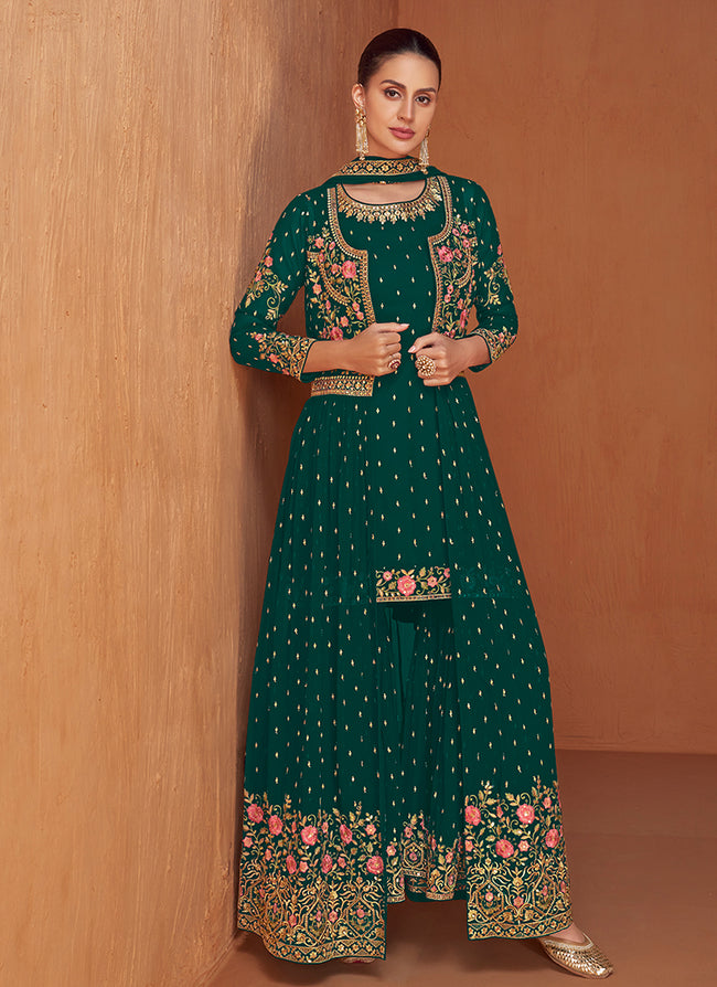 Dark Green Multi Embroidered Jacket Style Gharara Suit