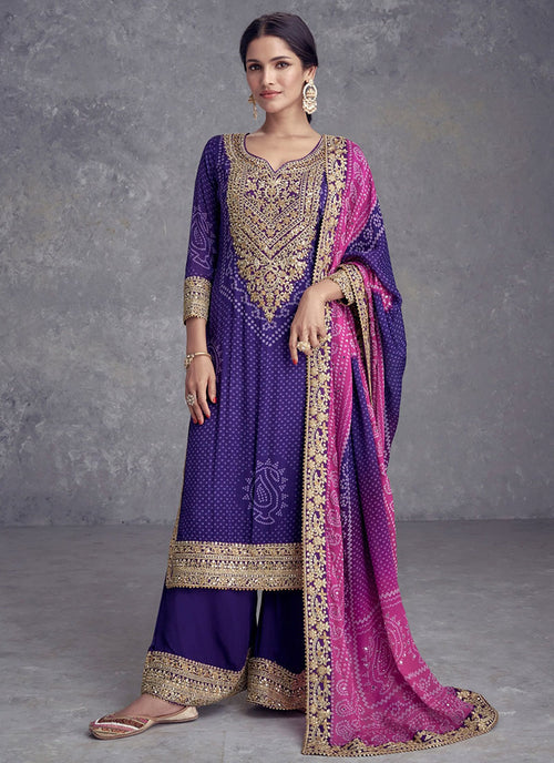 Purple And Pink Mirror Embroidery Bandhani Prited Palazzo Suit