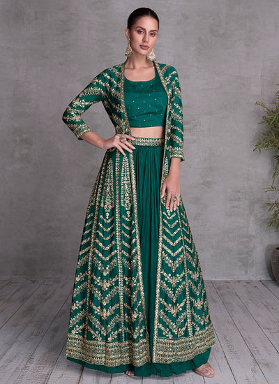 Green Golden Embroidered Lehenga Choli With Jacket