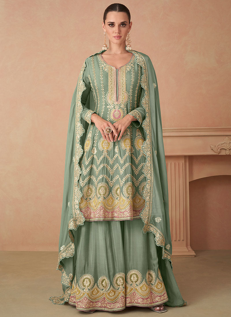 Mint Green Multi Embroidery Wedding Sharara Suit
