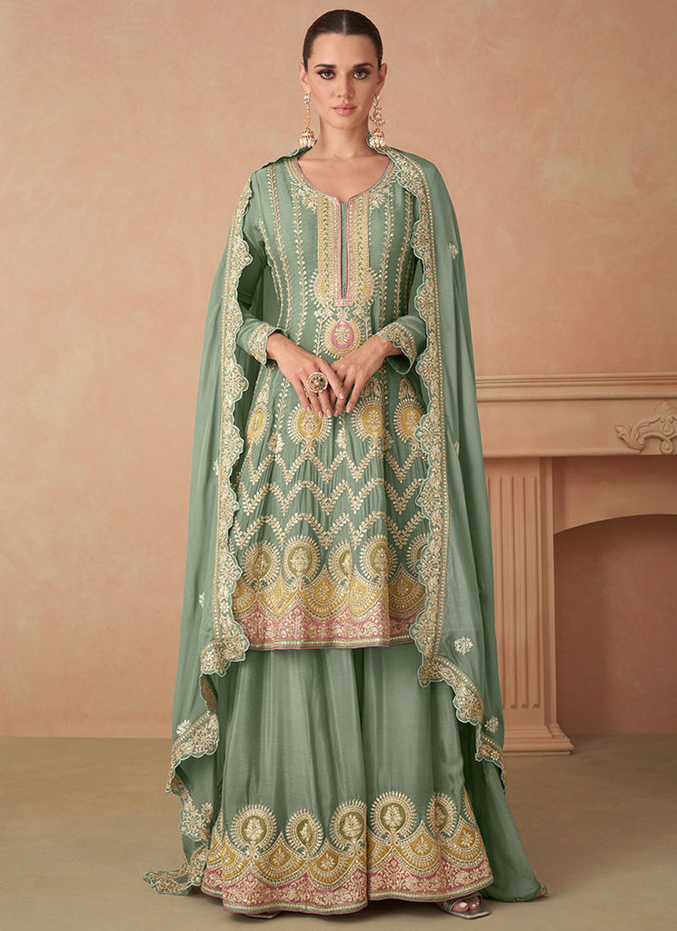 Mint Green Multi Embroidery Wedding Sharara Suit