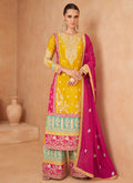 Yellow And Pink Designer Embroidery Palazzo Suit