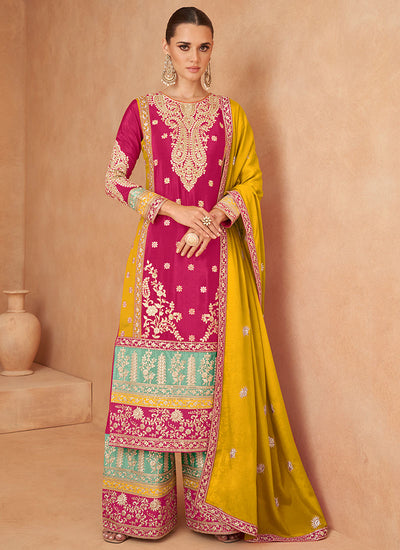 Pink And Yellow Designer Embroidery Palazzo Suit