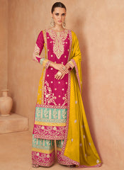 Pink And Yellow Designer Embroidery Palazzo Suit