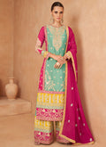 Teal And Pink Designer Embroidery Palazzo Suit