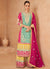 Teal And Pink Designer Embroidery Palazzo Suit