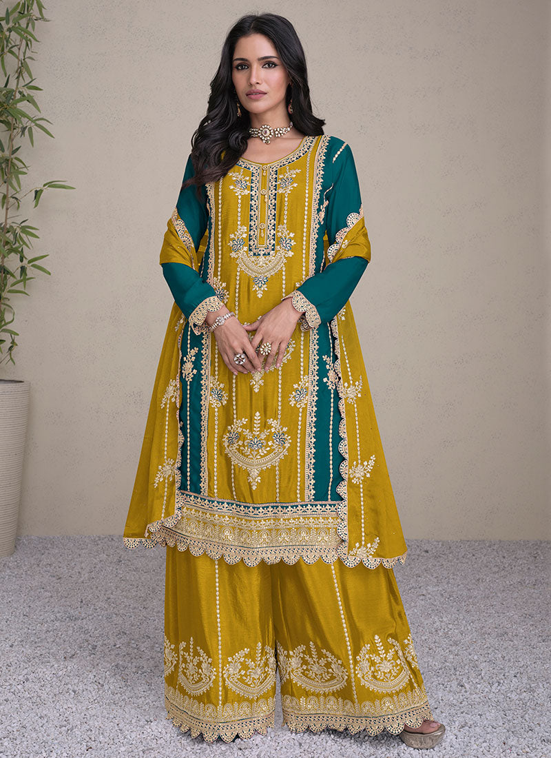 Yellow And Green Embroidery Festive Palazzo Suit