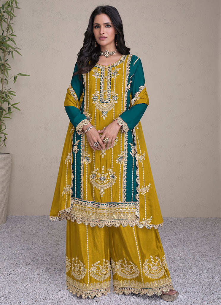 Yellow And Green Embroidery Festive Palazzo Suit