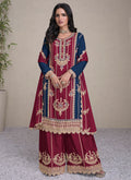 Red And Blue Embroidery Festive Palazzo Suit