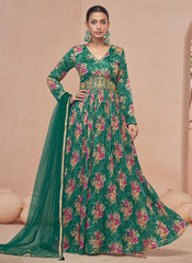 Rama Green Floral Print And Handwork Embroidery Anarkali Style Gown
