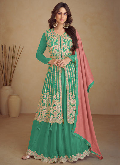 Green And Peach Traditional Embroidered Wedding Anarkali Palazzo Suit