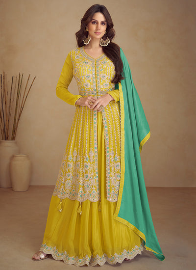Yellow And Turquoise Traditional Embroidered Wedding Anarkali  Palazzo Suit