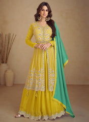 Yellow And Turquoise Traditional Embroidered Wedding Anarkali  Palazzo Suit