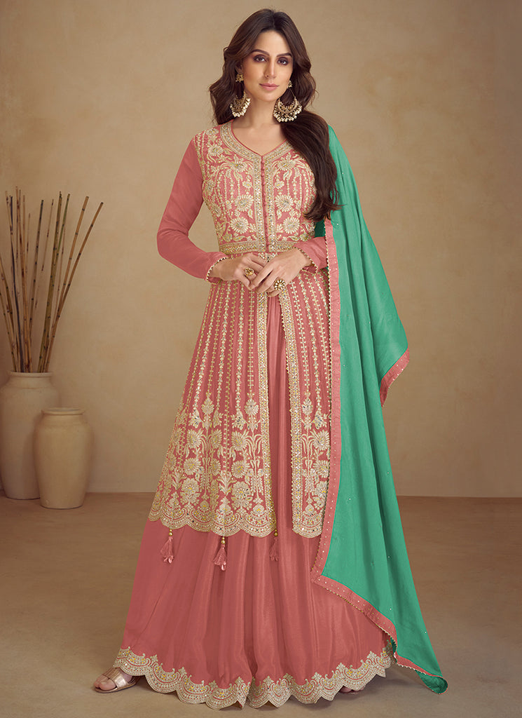 Peach And Green Traditional Embroidered Wedding Anarkali  Palazzo Suit