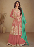 Peach And Green Traditional Embroidered Wedding Anarkali  Palazzo Suit