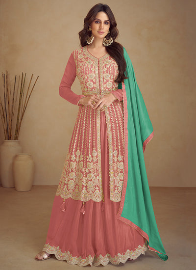 Peach And Green Traditional Embroidered Wedding Anarkali  Palazzo Suit