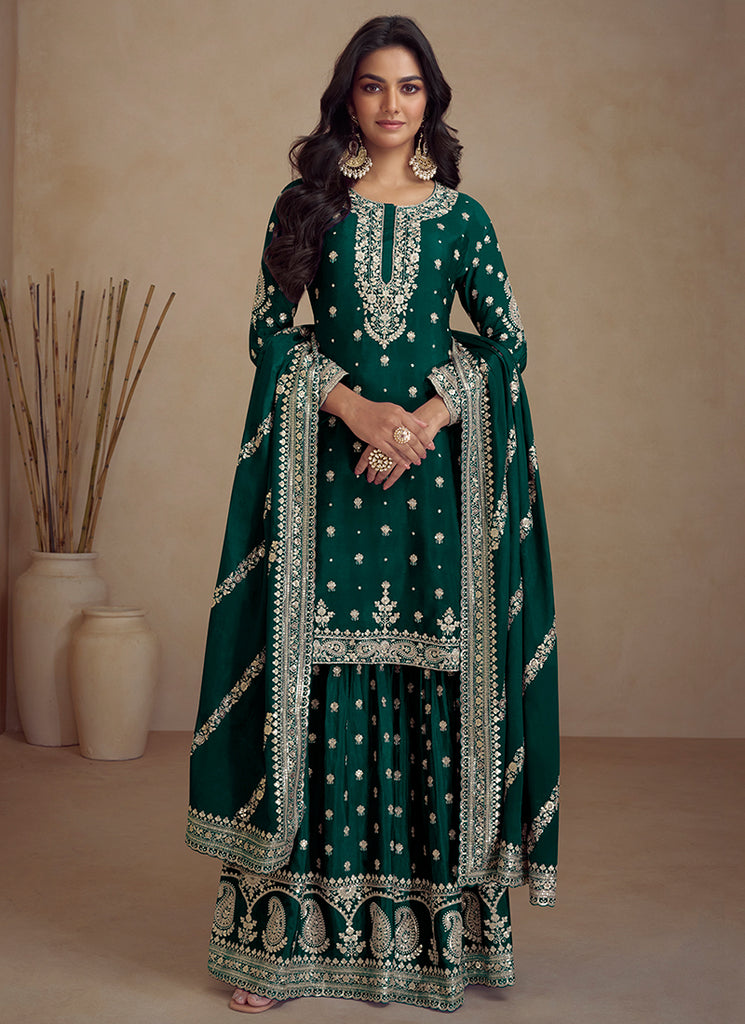 Green Embroidery Designer Sharara Suit l
