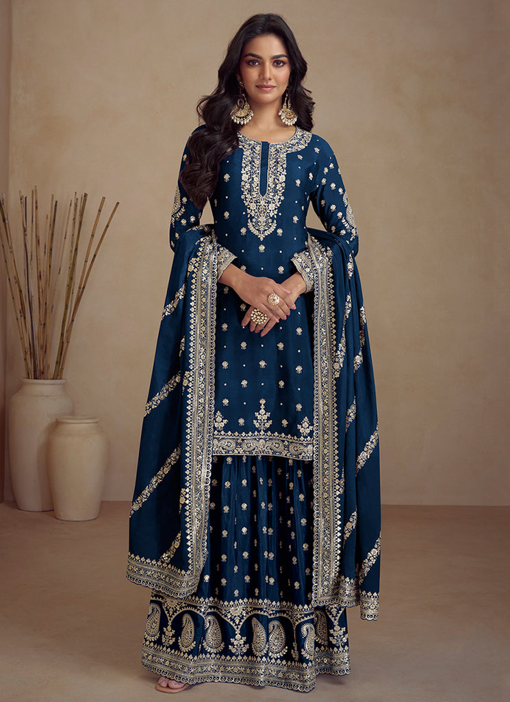 Buy Royal Blue Embroidery Designer Sharara Suit Online